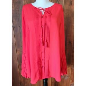 Belle - Kim Gravel Red Sheer Pleated Blouse L Bell Sleeves Tassel Tie Flowy Chic